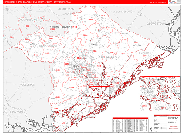 Charleston-North Charleston Metro Area Wall Map Red Line Style